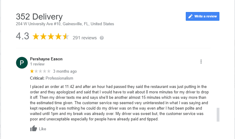 352 Delivery Negative Review