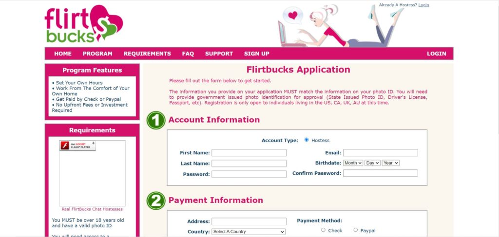 FlirtBucks Sign Up Page
