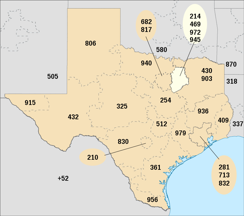 Texas Area code numbering including 469 area code