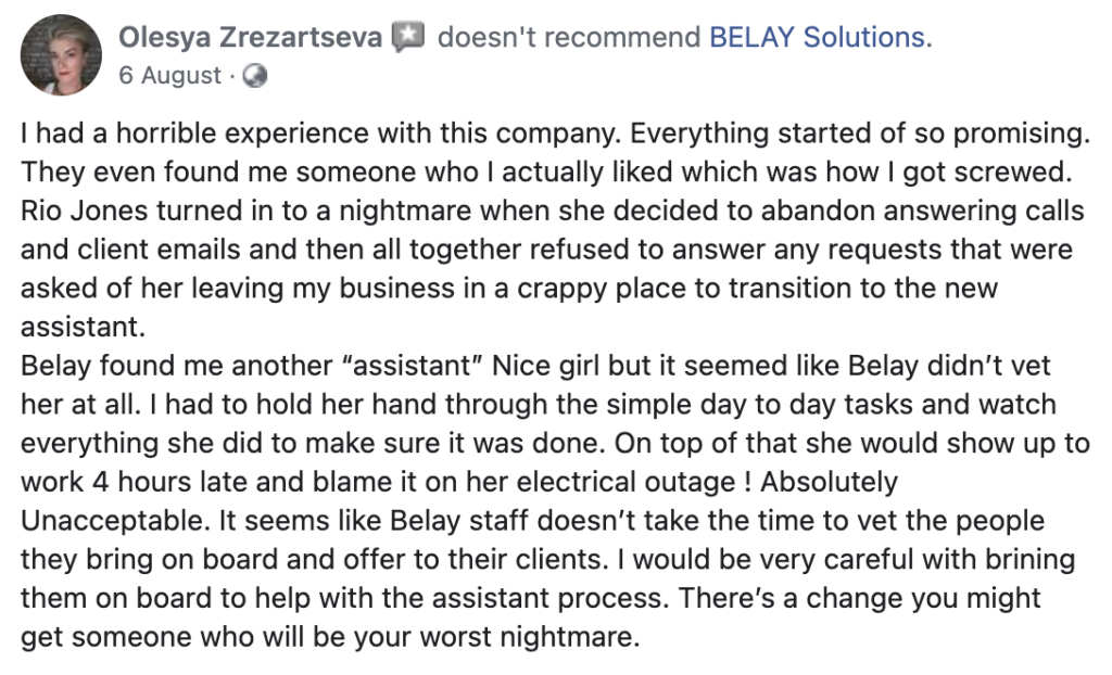 Belay Negative Review from Client or Business Owner