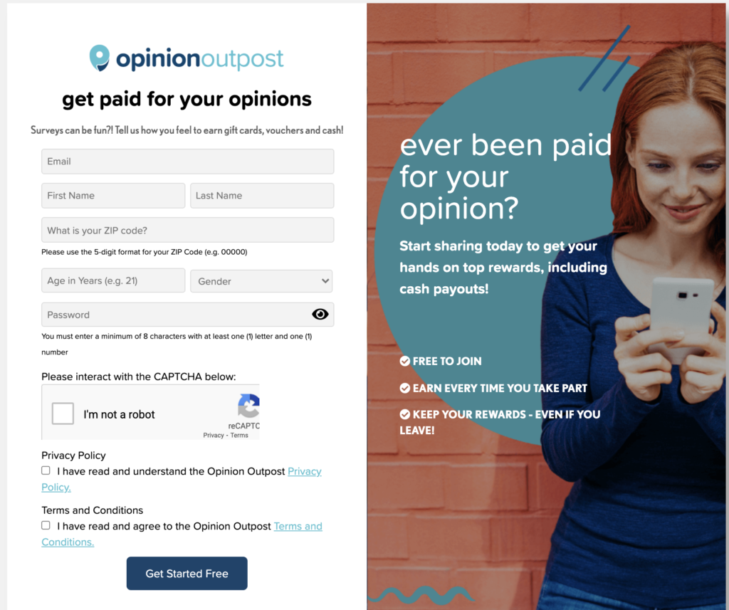 Opinion Outpost Sign Up Page